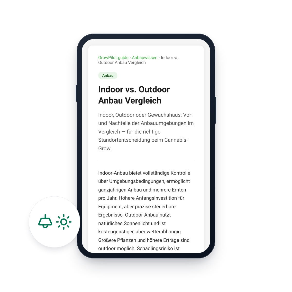 GrowPilot.guide Vergleich von Indoor- und Outdoor-Cannabisanbau auf einem Smartphone