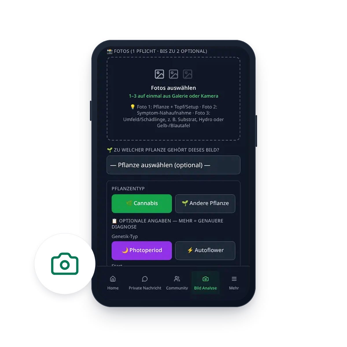GrowPilot.guide Pflanzenanalyse mit Foto-Upload und Auswahl des Genetik-Typs