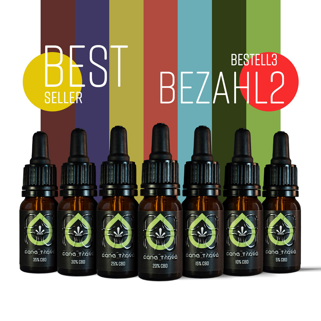 Cana Trava CBD Oele 5 bis 35 Prozent im Überblick mit Best Seller Aktion Bestell 3, bezahl 2