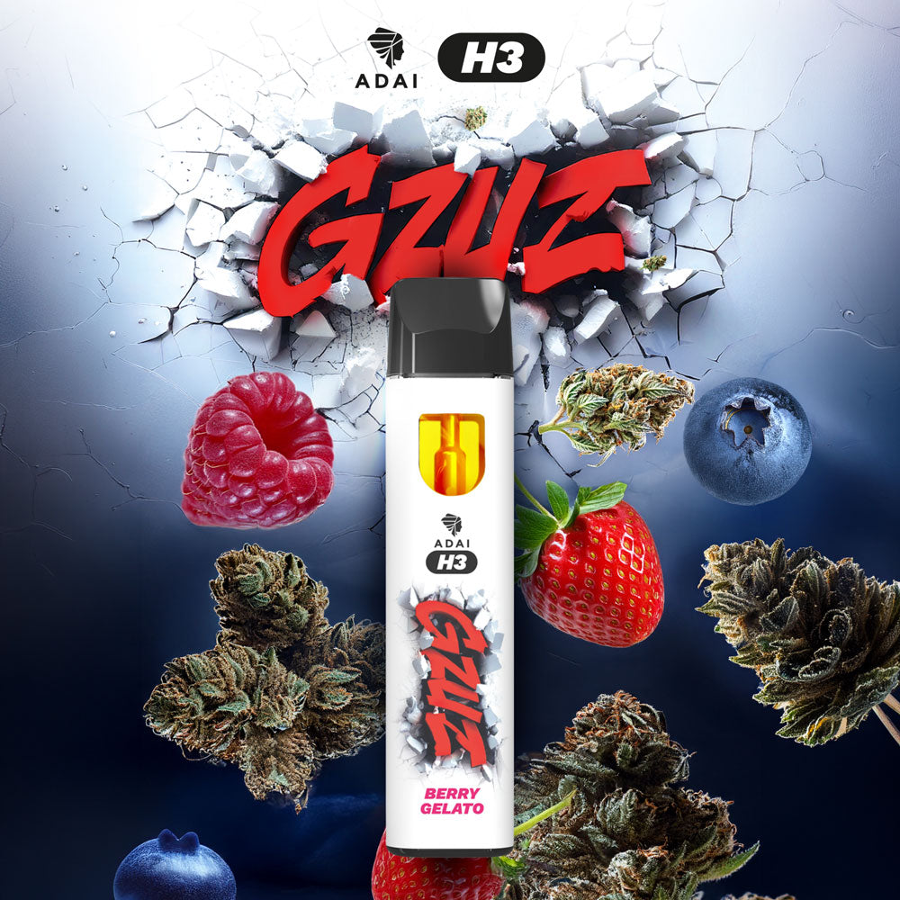 GZUZ H3 Vape Berry Gelato, weißer Vape Pen vor rotem GZUZ Logo, Beerenmix und Blüten