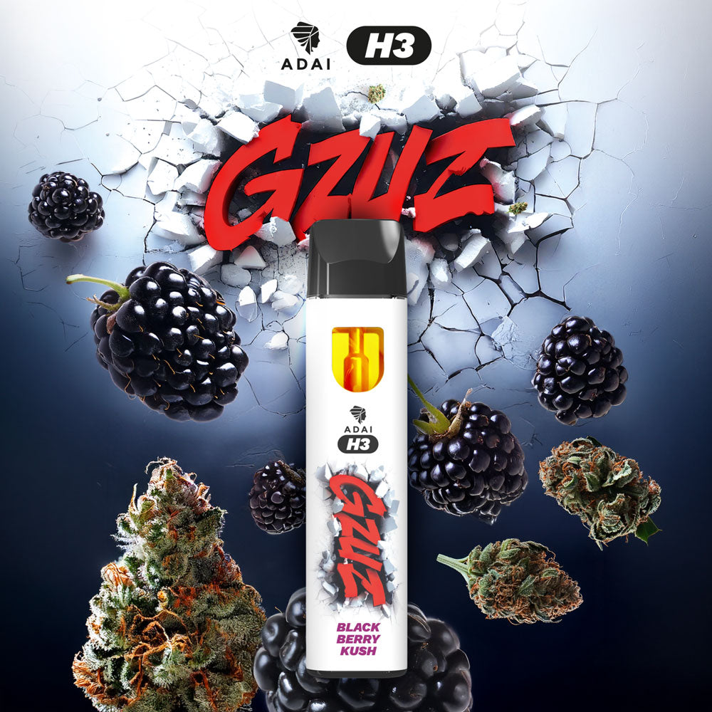 GZUZ H3 Vape Blackberry Kush, weißer Vape Pen vor rotem GZUZ Logo, Brombeeren und Blüten