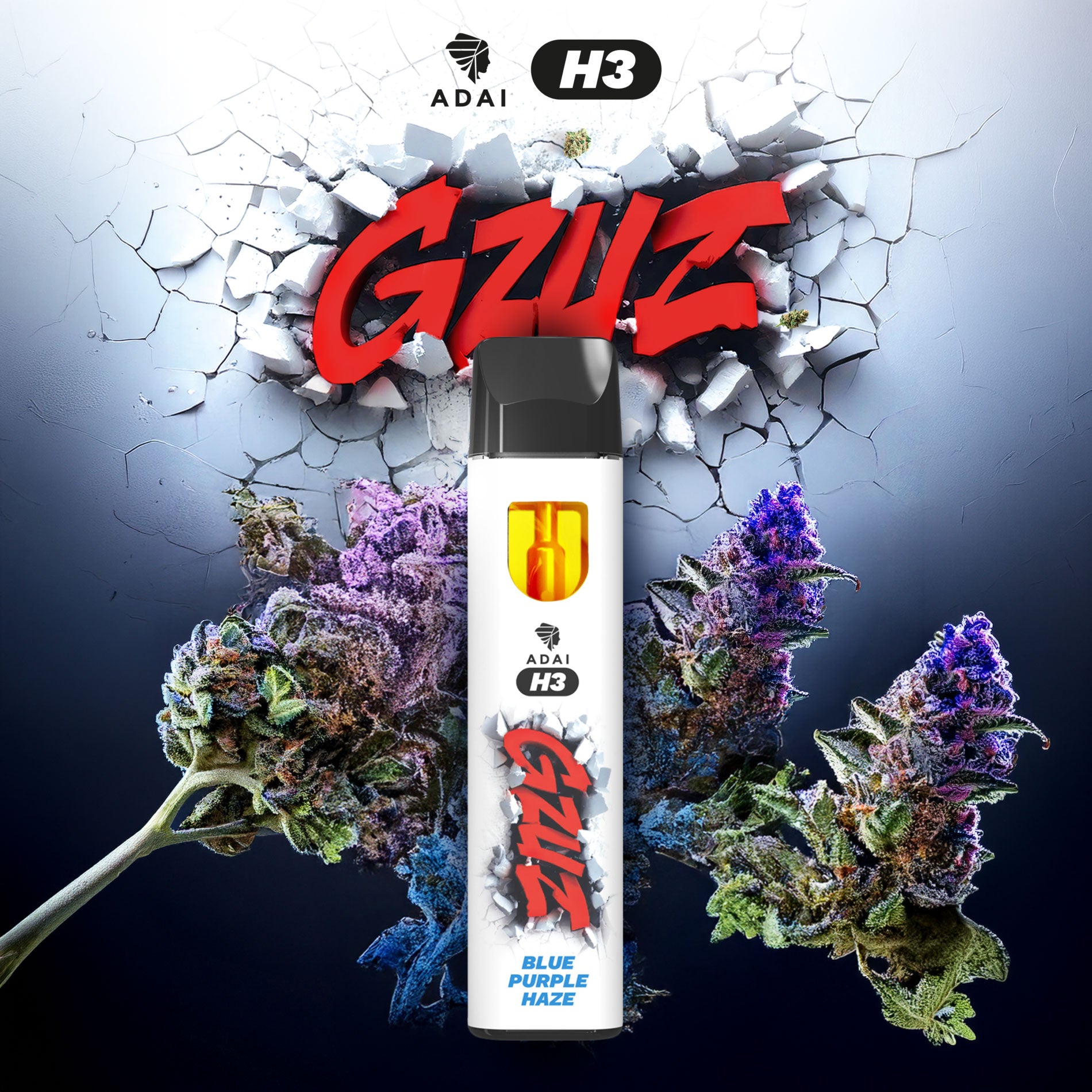 GZUZ H3 Vape Blue Purple Haze, weißer Vape Pen vor rotem GZUZ Logo, violette Blüten und blauer Nebel