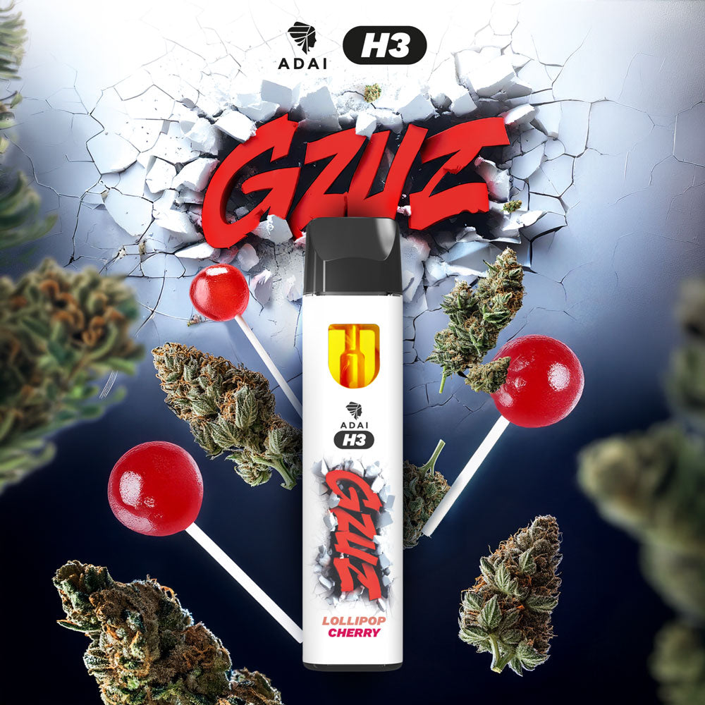 GZUZ H3 Vape Lollipop Cherry, weißer Vape Pen vor rotem GZUZ Logo, rote Lutscher und Blüten