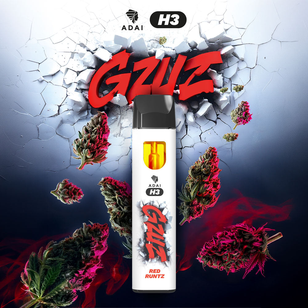 GZUZ H3 Vape Red Runtz, weißer Vape Pen vor rotem GZUZ Logo, rot getönte Blüten und Rauch