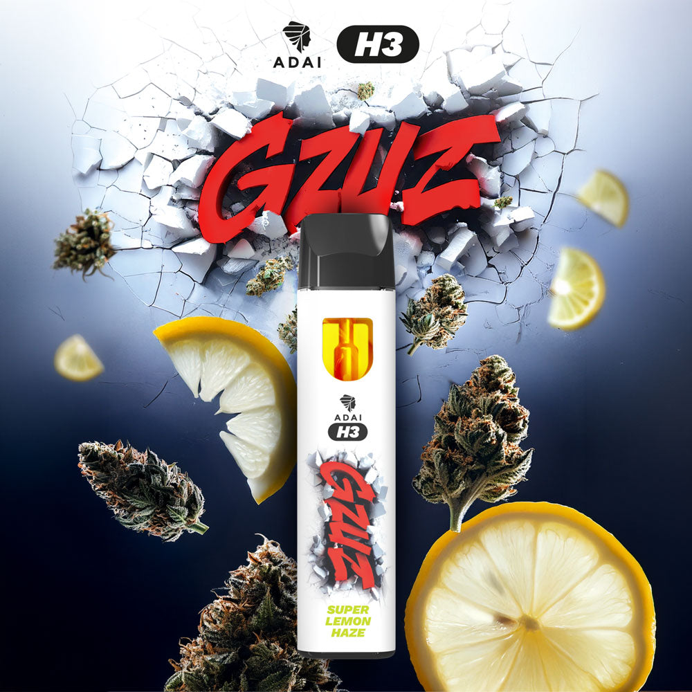 GZUZ H3 Vape Super Lemon Haze, weißer Vape Pen vor rotem GZUZ Logo, Zitronenscheiben und Blüten