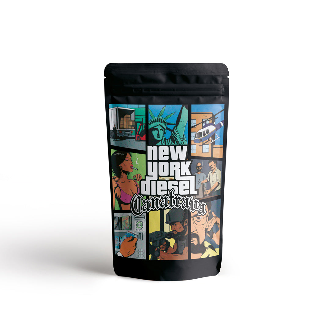 Canatrava CBC+ New York Diesel Blüten Verpackung in Schwarz mit urbanem Comicmotiv auf hellem Hintergrund