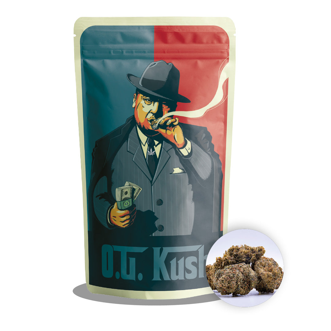 Canatrava CBD O.G. Kush Verpackung mit Gangster Illustration in Blau und Rot sowie Blütenvorschau auf hellem Hintergrund