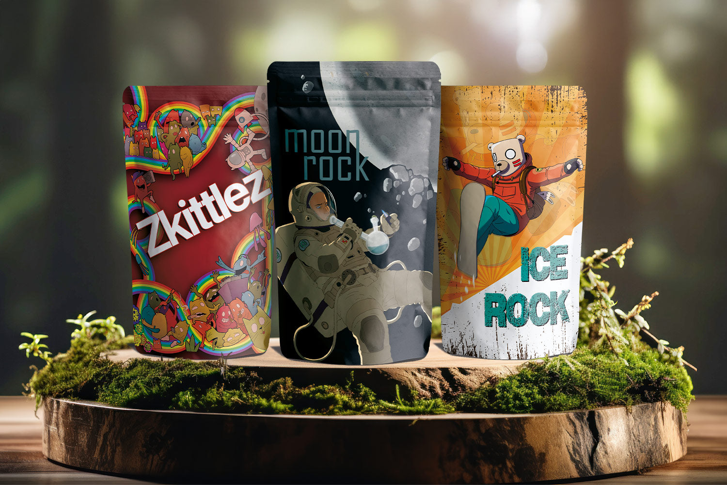 Drei CBD Aromablüten-Verpackungen (Zkittlez, Moon Rock, Ice Rock) auf Holzpodest mit Moos; Kategorie-Hero.