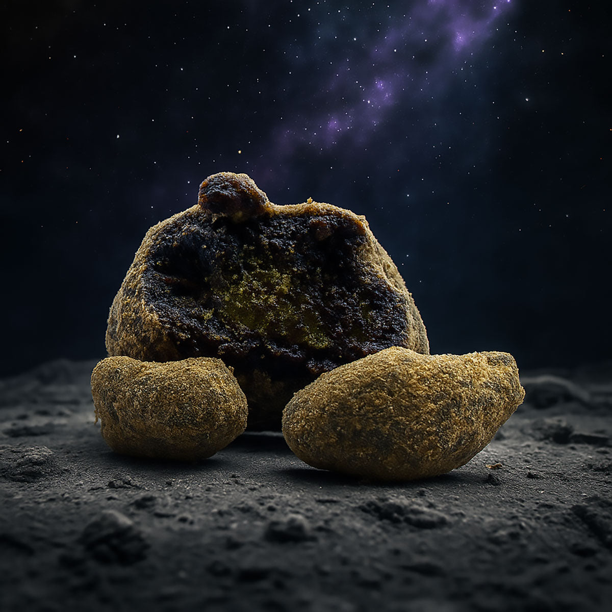 Moon Rock 60 % CBD Produktbild, dunkler Moon Rock vor Nachthimmel