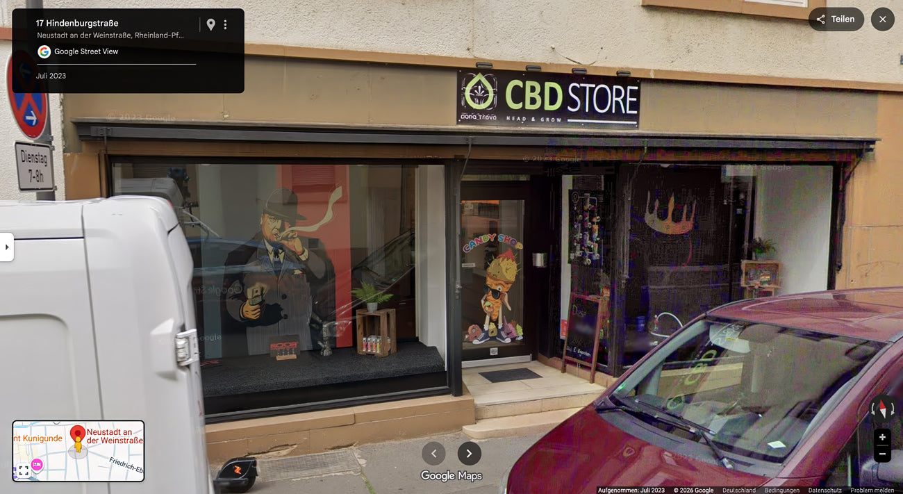 Außenansicht des Canatrava CBD Store in Neustadt an der Weinstraße mit Schaufenster, Eingang und Ladenfassade