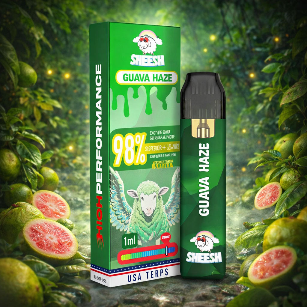 SHEESH High Performance Pod Guava Haze, grünes Pod und Verpackung mit 98% Motiv, Guavenfrüchte und aufgeschnittene Guave im frischen grün gelben Setting