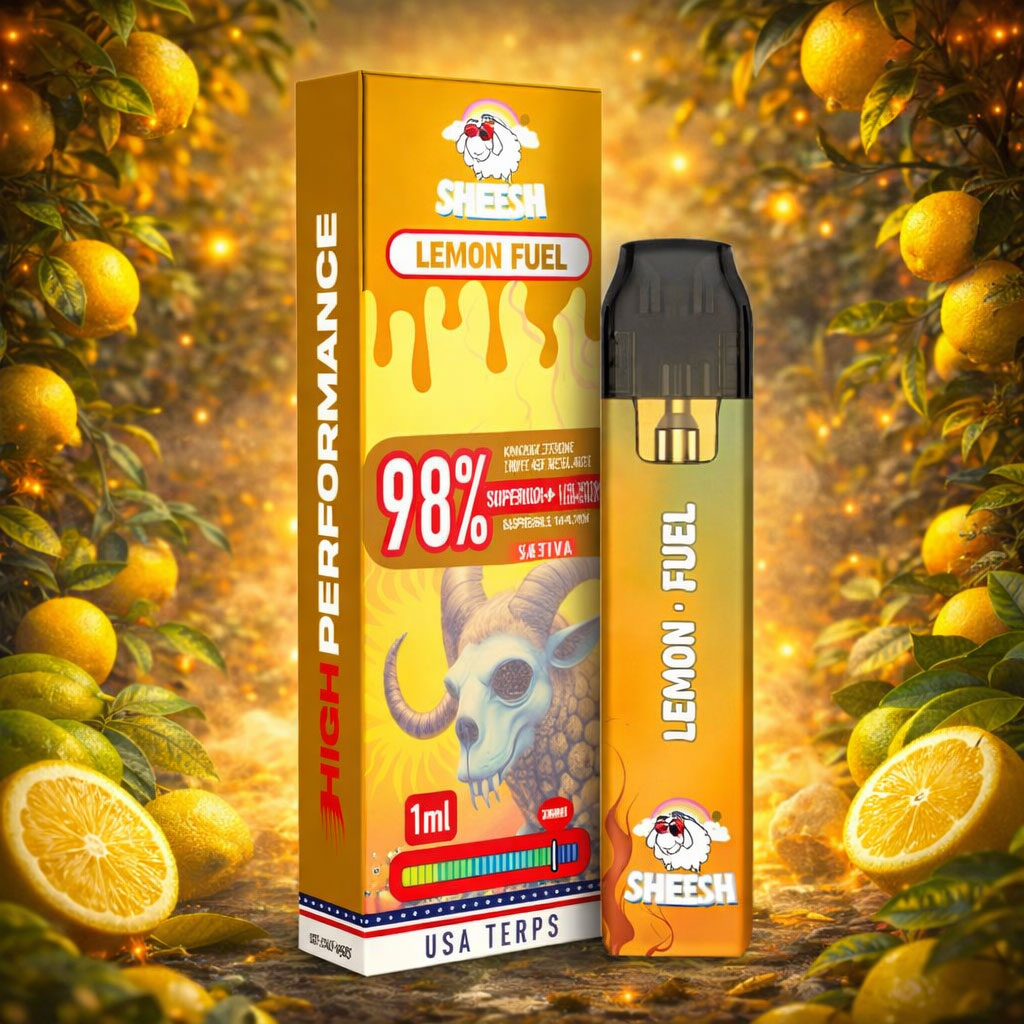 SHEESH High Performance Pod Lemon Fuel, gelbes Pod und Verpackung mit 98% Motiv, Zitronen und Zitronenscheiben im warmen goldenen Licht mit Funkeln