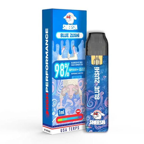 SHEESH High Performance Pod Blue Zushi, blaues Pod und Verpackung mit 98% Motiv auf weißem Hintergrund