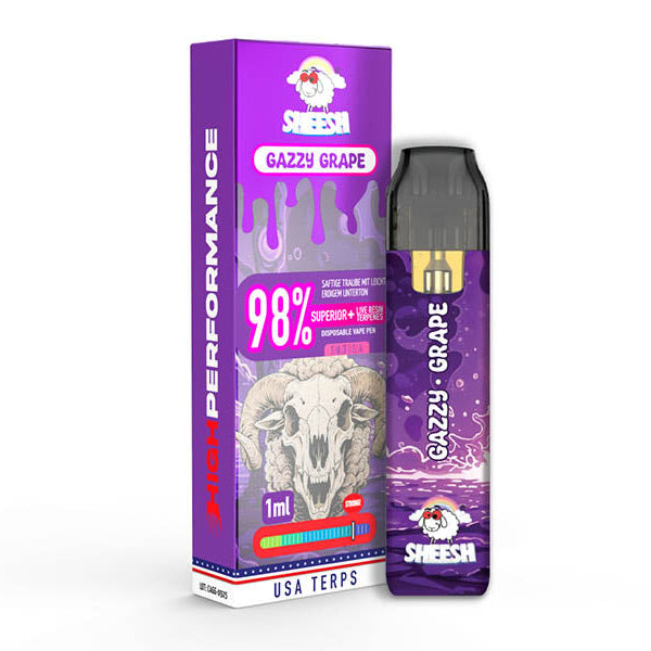 SHEESH High Performance Pod Gazzy Grape, violettes Pod und Verpackung mit 98% Motiv auf weißem Hintergrund