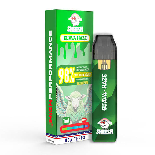 SHEESH High Performance Pod Guava Haze, grünes Pod und Verpackung mit 98% Motiv auf weißem Hintergrund