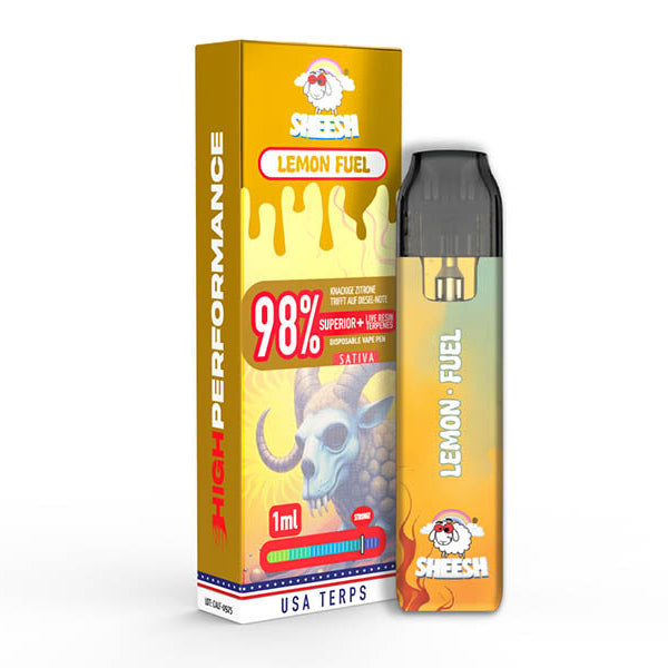 SHEESH High Performance Pod Lemon Fuel, gelbes Pod und Verpackung mit 98% Motiv auf weißem Hintergrund