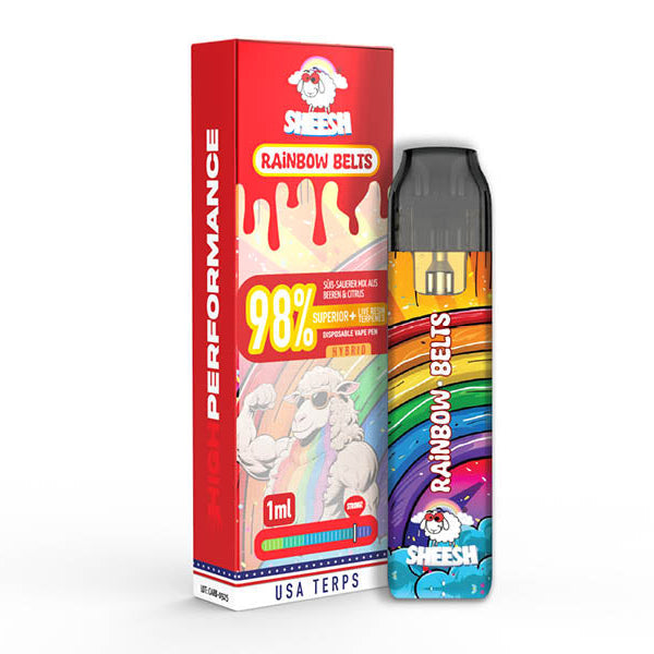 SHEESH High Performance Pod Rainbow Belts, rotes Pod und Verpackung mit 98% Motiv auf weißem Hintergrund