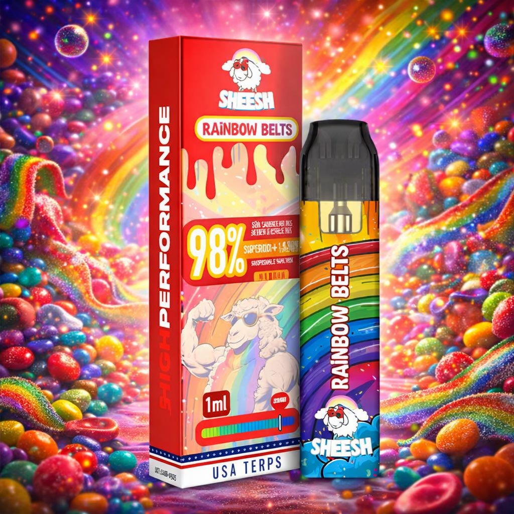 SHEESH High Performance Pod Rainbow Belts, rotes Pod und Verpackung mit 98% Motiv, bunte Regenbogen Streifen am Pod, Candy Landschaft mit Süßigkeiten und Glitzereffekten