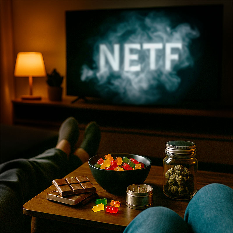 Vibe-Kachel „Chill & Relax“: gemütliche Wohnzimmer-Szene mit TV, auf dem Tisch Schokolade, Snacks, Grinder und ein Glas mit Cannabisblüte (CBD).