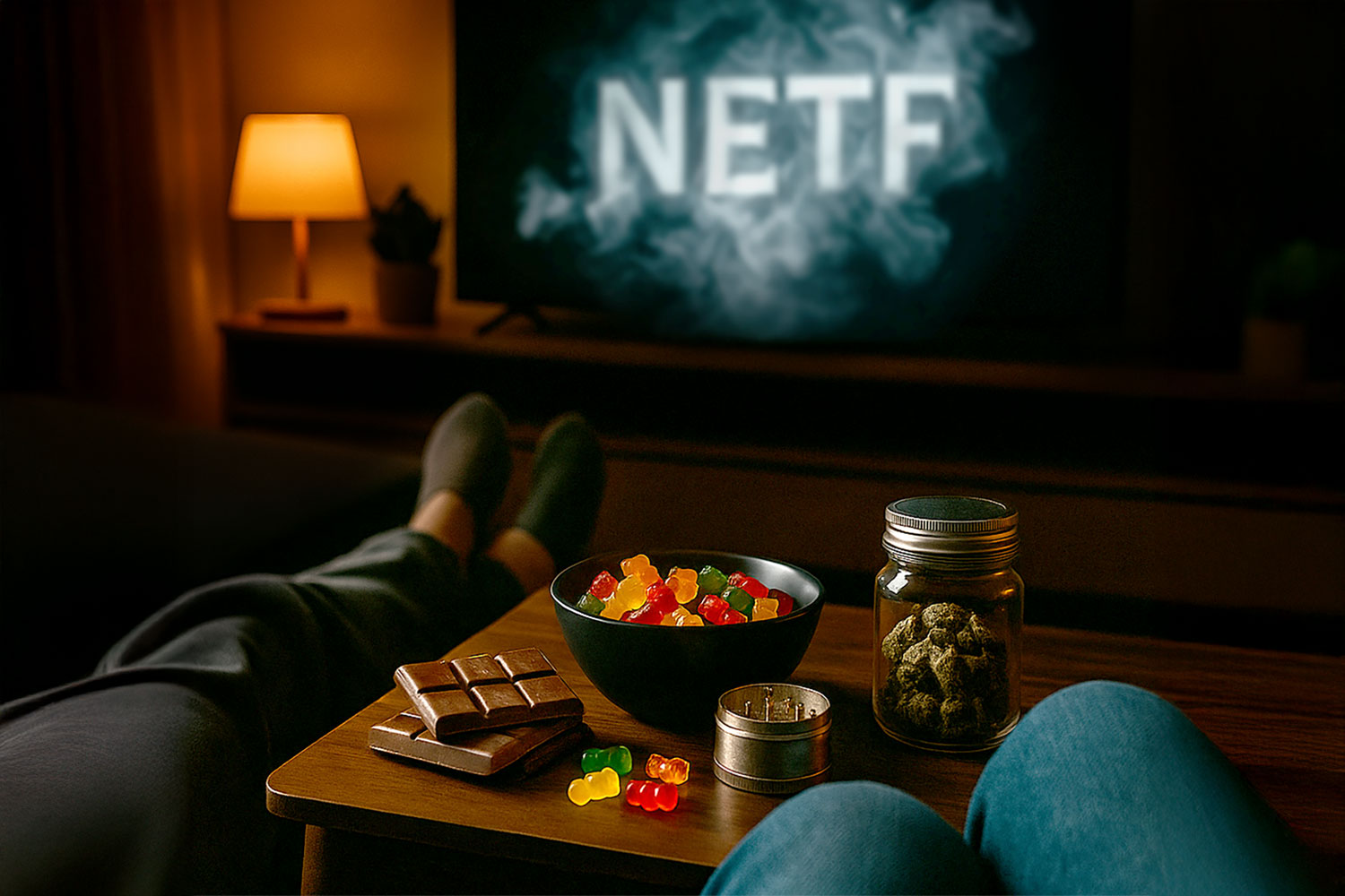 „Chill & Relax“: Wohnzimmer mit TV im Hintergrund, auf dem Couchtisch Schokolade, Gummibärchen, Grinder und ein Glas mit Cannabisblüte (CBD).
