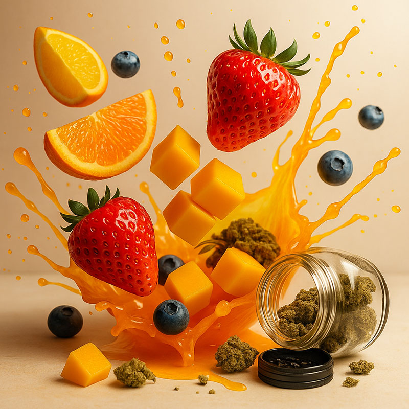 Vibe-Kachel „Sweet & Fruity Vibes“: Spritzende Früchte (Erdbeere, Orange, Blaubeere, Mangowürfel) neben einem geöffneten Glas mit Cannabisblüte CBD.