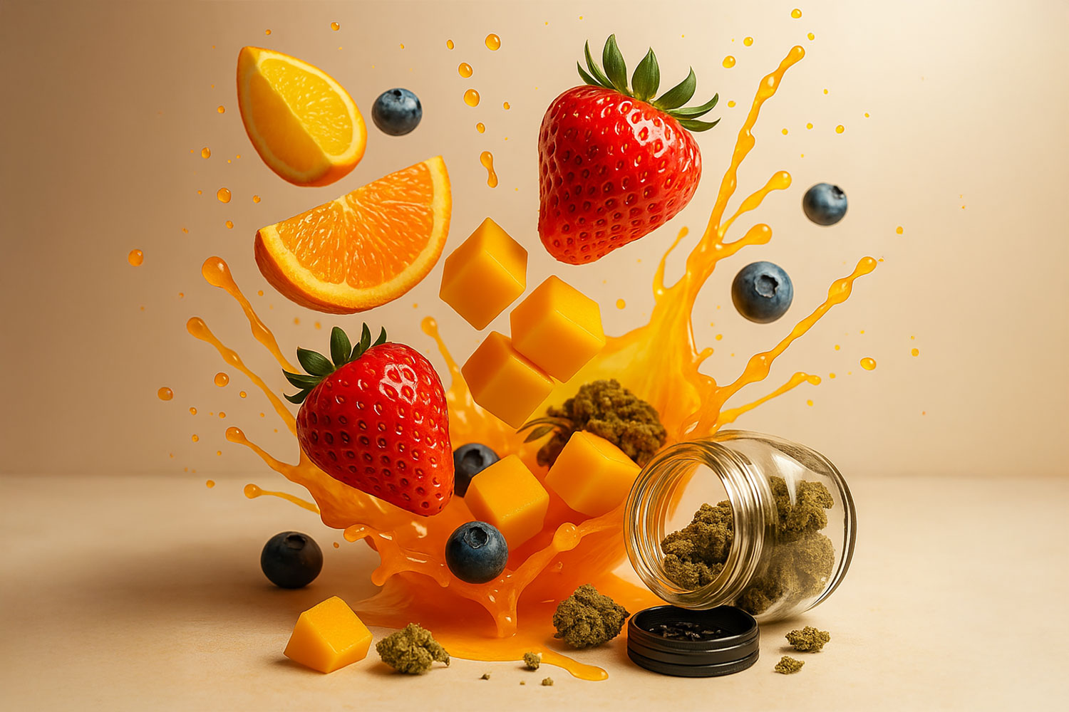 „Sweet & Fruity Vibes“: Früchte spritzen dynamisch durch das Bild, neben einem geöffneten Glas mit Cannabisblüte (CBD).