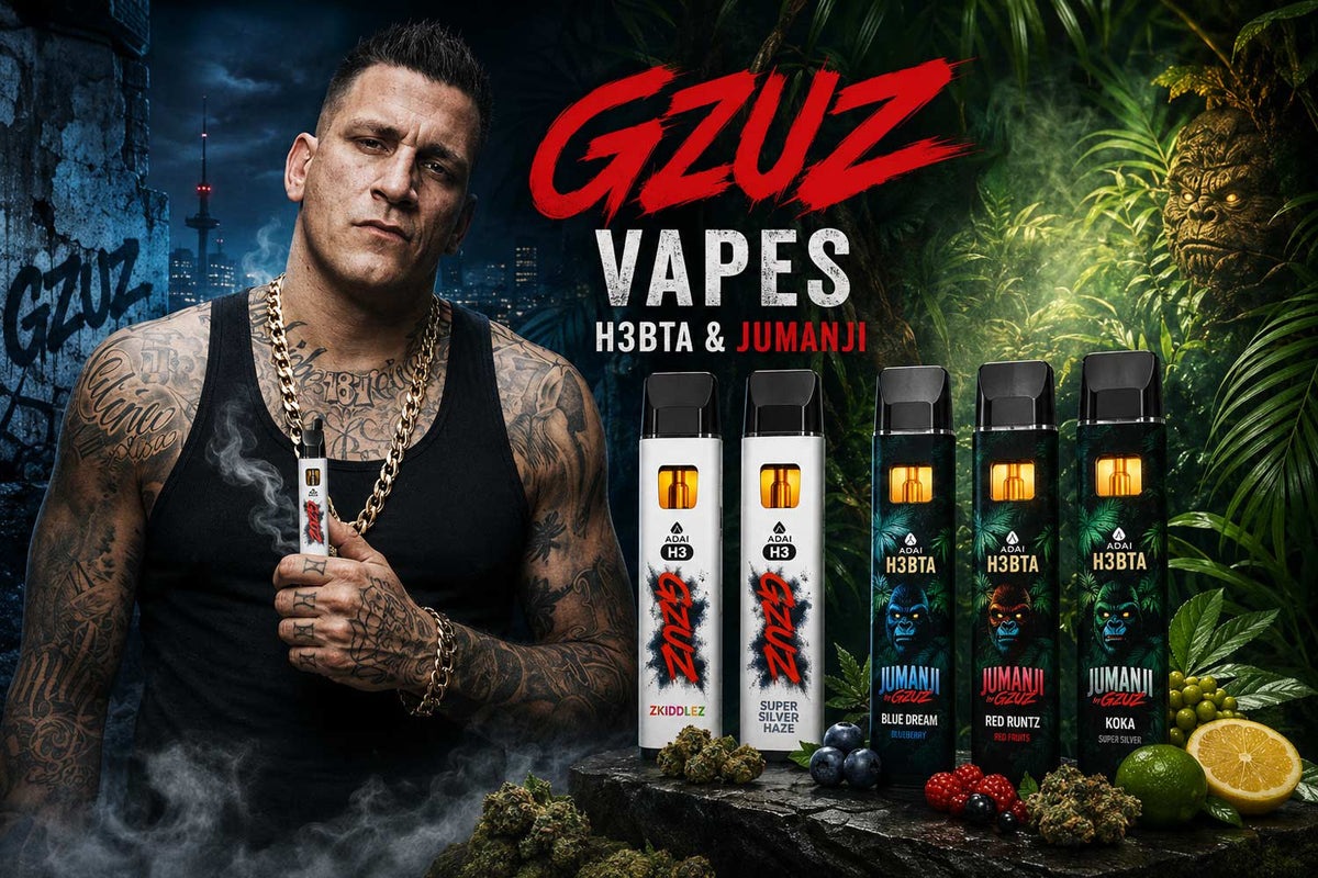 GZUZ H3BTA und Jumanji Vapes vor urbaner und tropischer Kulisse