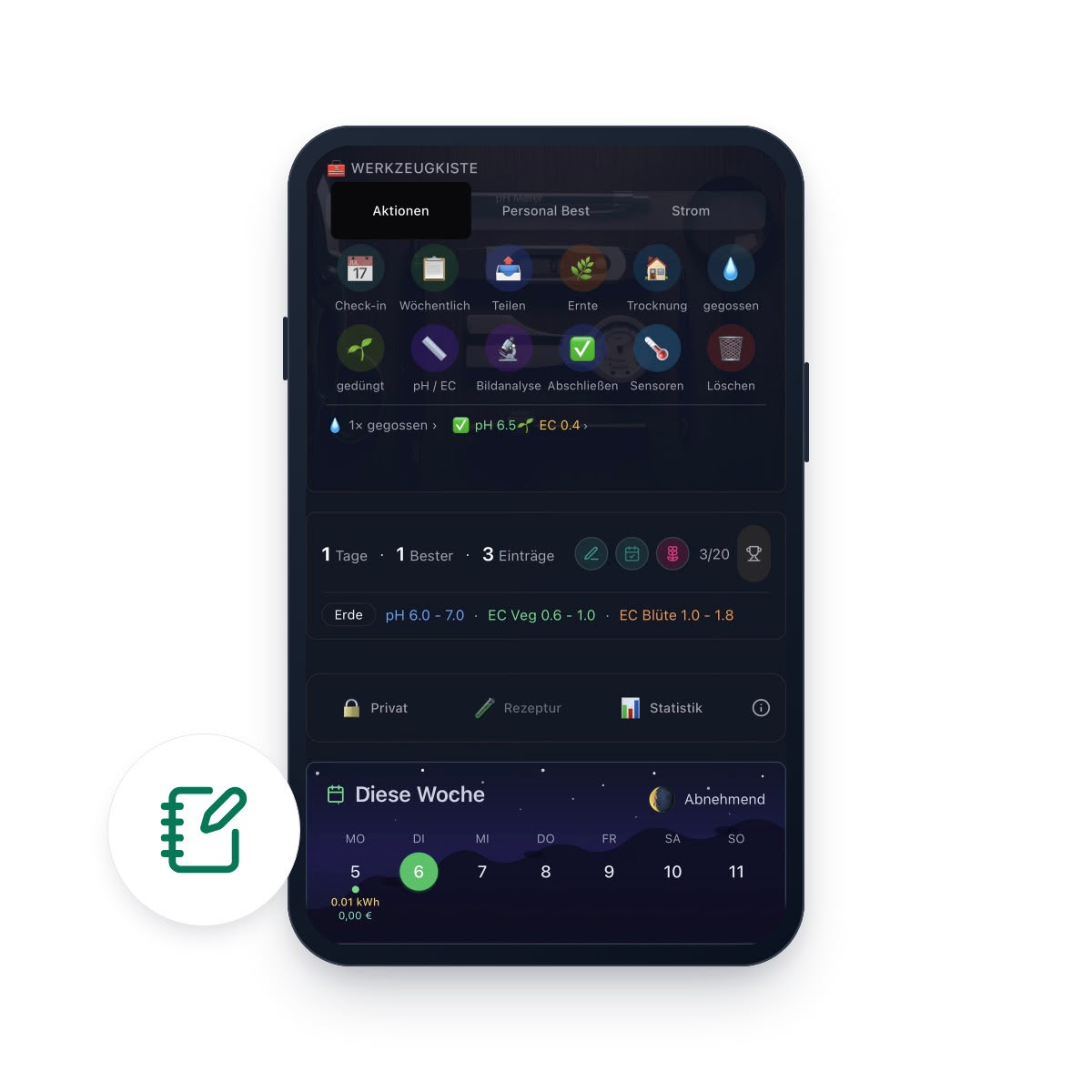 GrowPilot.guide Grow-Tagebuch mit Aktionen, pH- und EC-Werten auf einem Smartphone