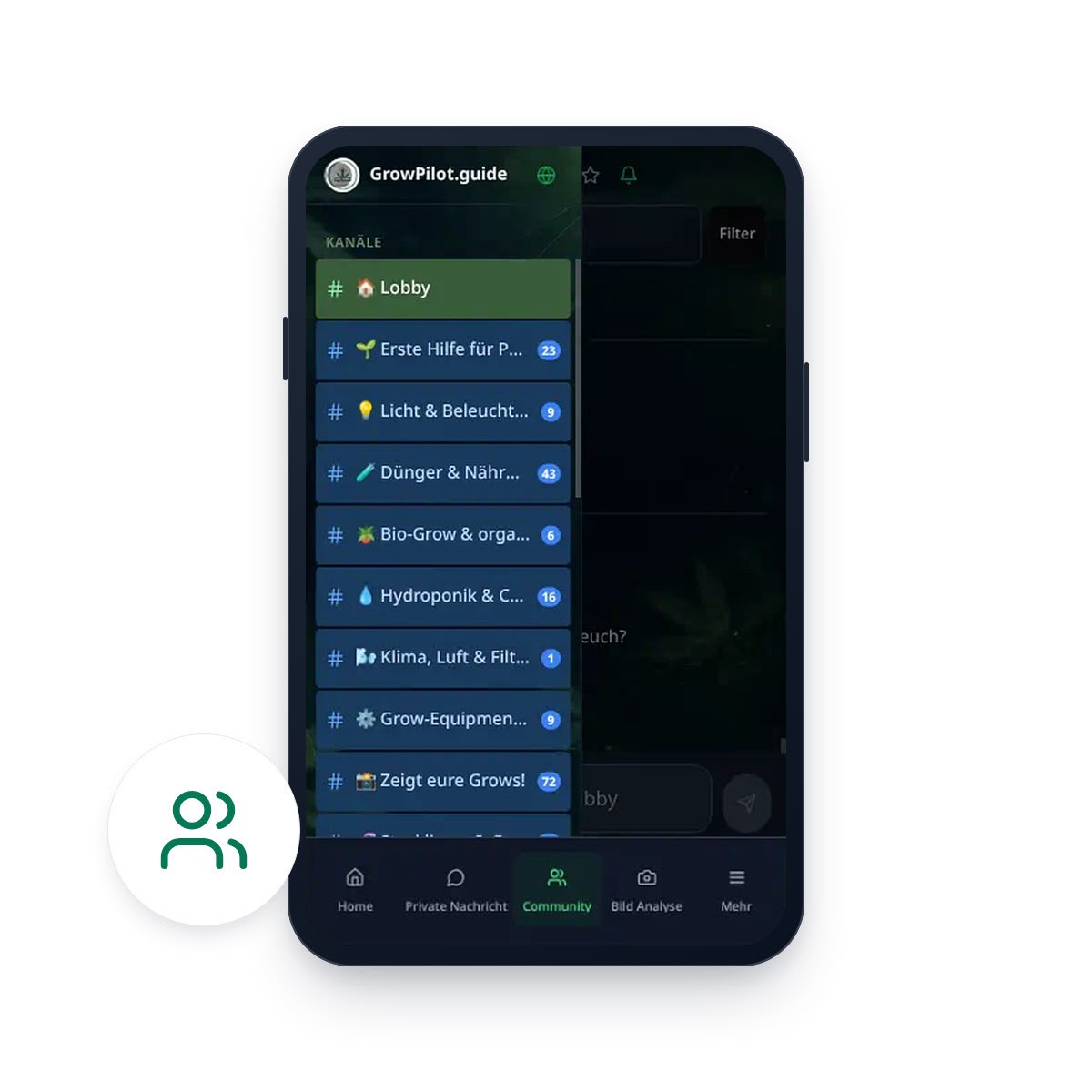 GrowPilot.guide Community mit Themenkanälen für den Austausch unter Growern