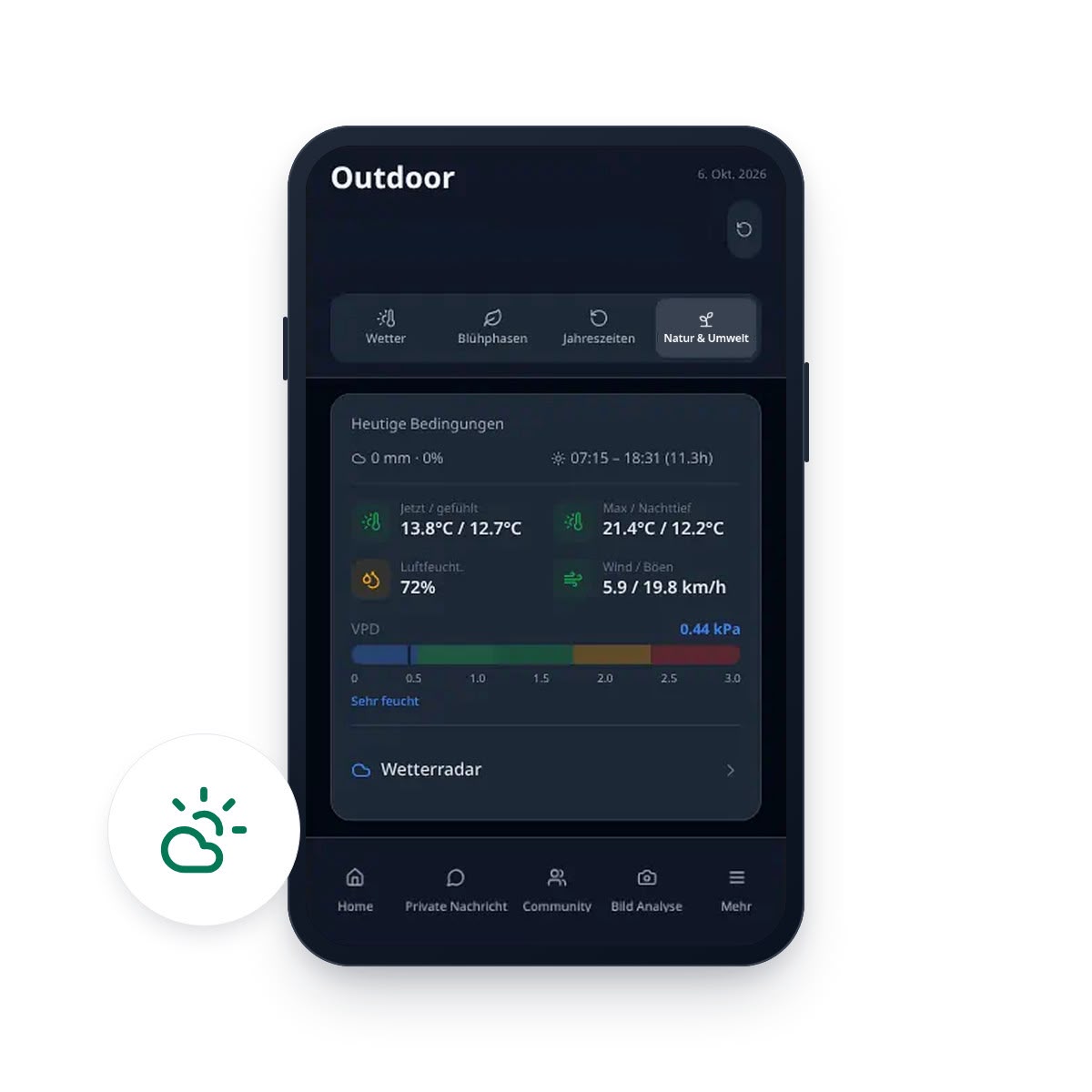 GrowPilot.guide Outdoor-Bereich mit Wetterdaten, VPD und Wetterradar auf einem Smartphone