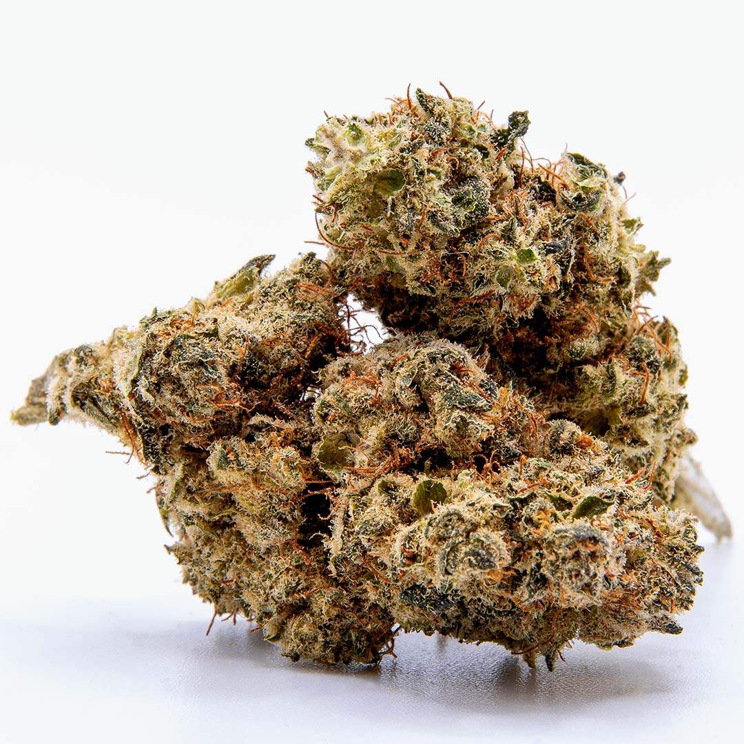 CBD Amnesia Haze Blüten mit hellgrüner Struktur, dichter Harzschicht und orangefarbenen Blütenfäden auf hellem Hintergrund