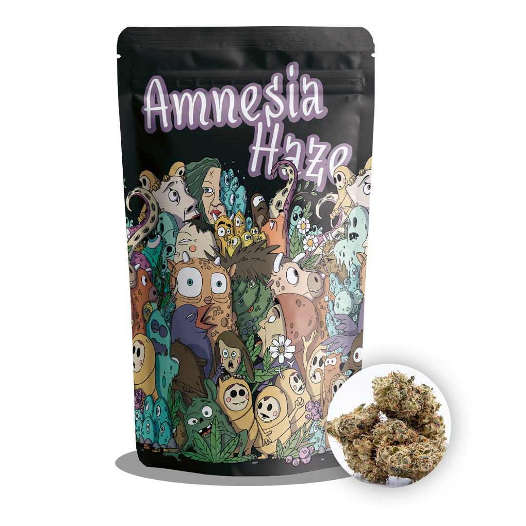Canatrava CBD Amnesia Haze Verpackung in Schwarz mit Figurenillustration und Blütenvorschau auf hellem Hintergrund