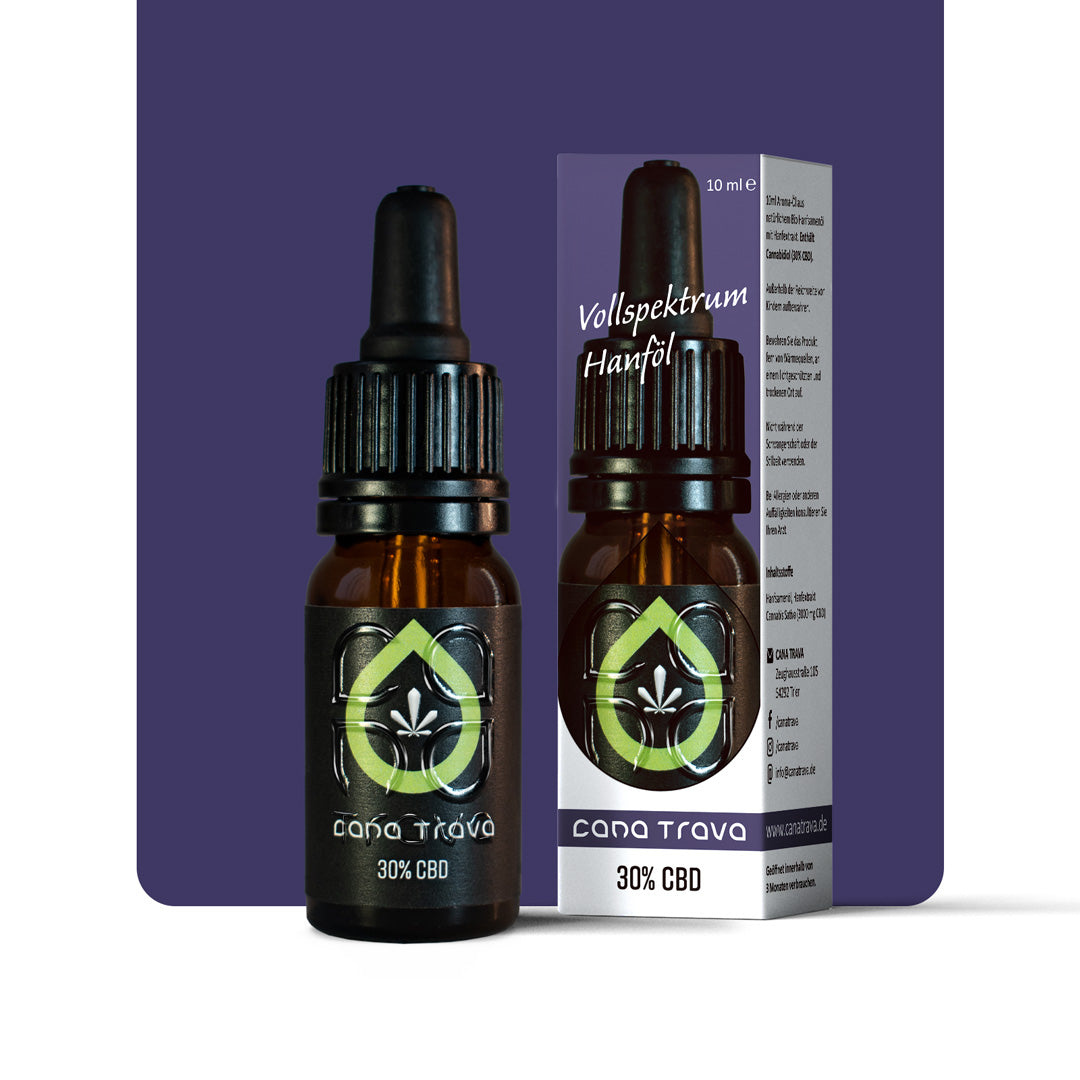 Cana Trava CBD Oel 30 Prozent Vollspektrum mit Flasche und Verpackung auf violettem Hintergrund