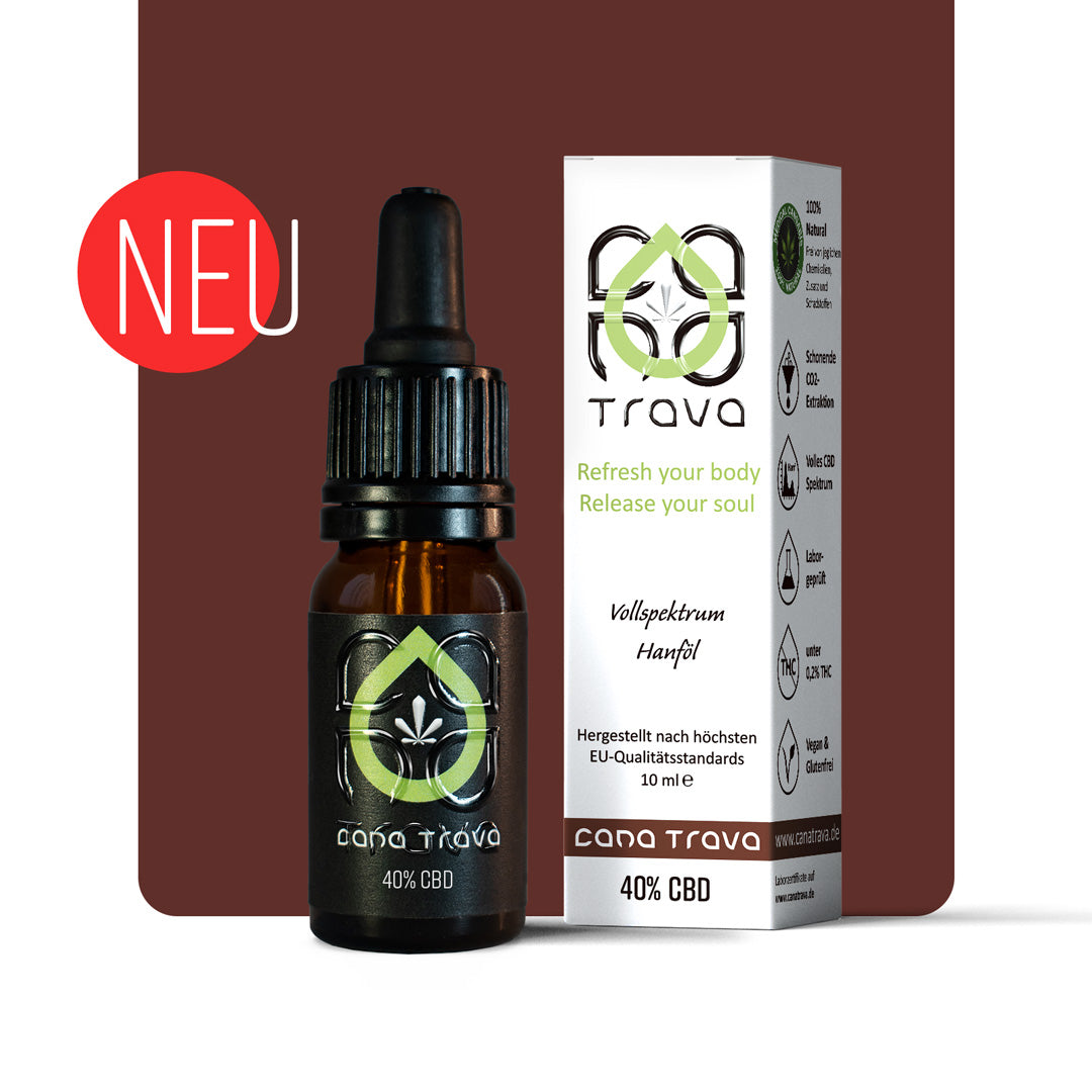 Cana Trava CBD Oel 40 Prozent Vollspektrum mit neuer Verpackung und Neu Badge auf braunem Hintergrund