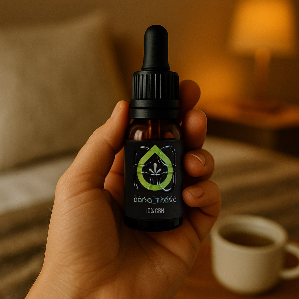 Cana Trava CBN Öl 10 Prozent in einer Hand, vor warmer Abendstimmung mit Tasse im Hintergrund. Schlafzimmer