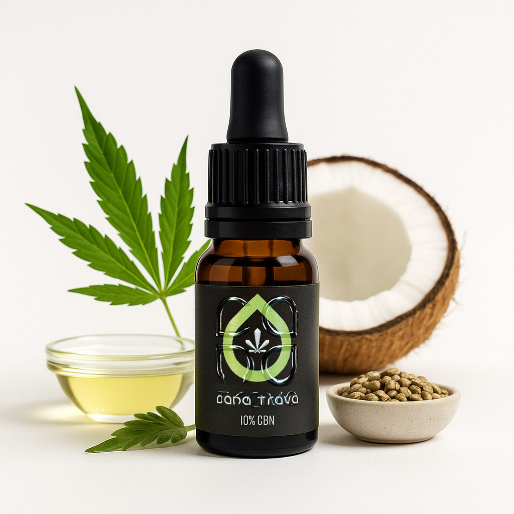 Cana Trava CBN Öl 10 Prozent vor Hanfblatt, Kokosnuss, Hanfsamen und einer Schale mit hellem Öl auf neutralem Hintergrund.