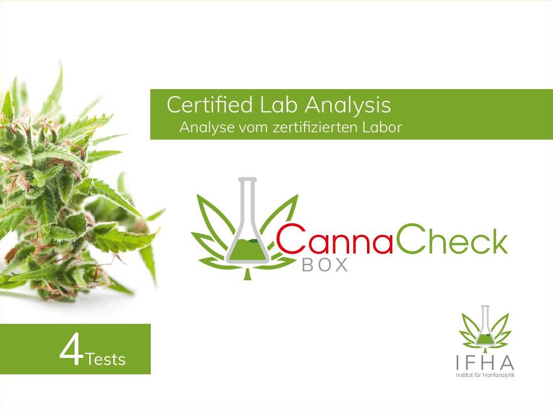CannaCheck Box Classic mit 4 Tests für zertifizierte Laboranalyse auf hellem Hintergrund