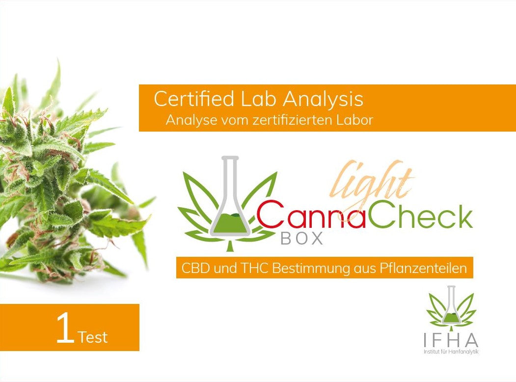CannaCheck Box Light mit 1 Test für CBD und THC Analyse aus Pflanzenteilen auf hellem Hintergrund