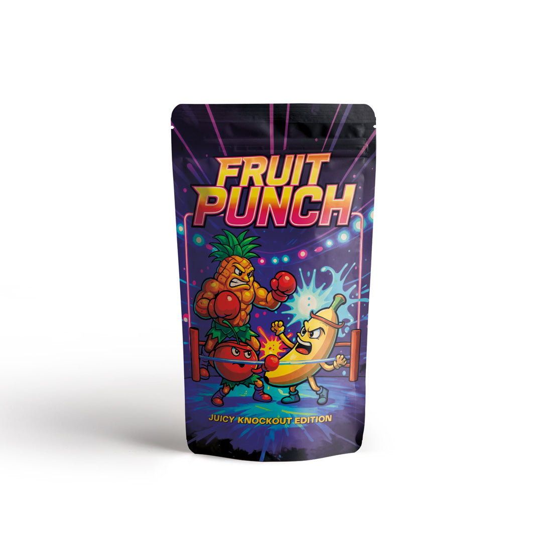 Standbeutel Fruit Punch mit bunter Boxmotiv Illustration auf hellem Hintergrund