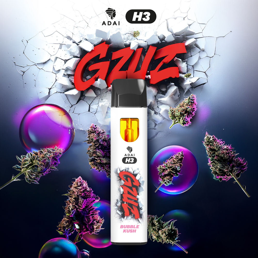 GZUZ H3 Vape Bubble Kush, weißer Vape Pen vor rotem GZUZ Logo, schimmernde Seifenblasen und Blüten