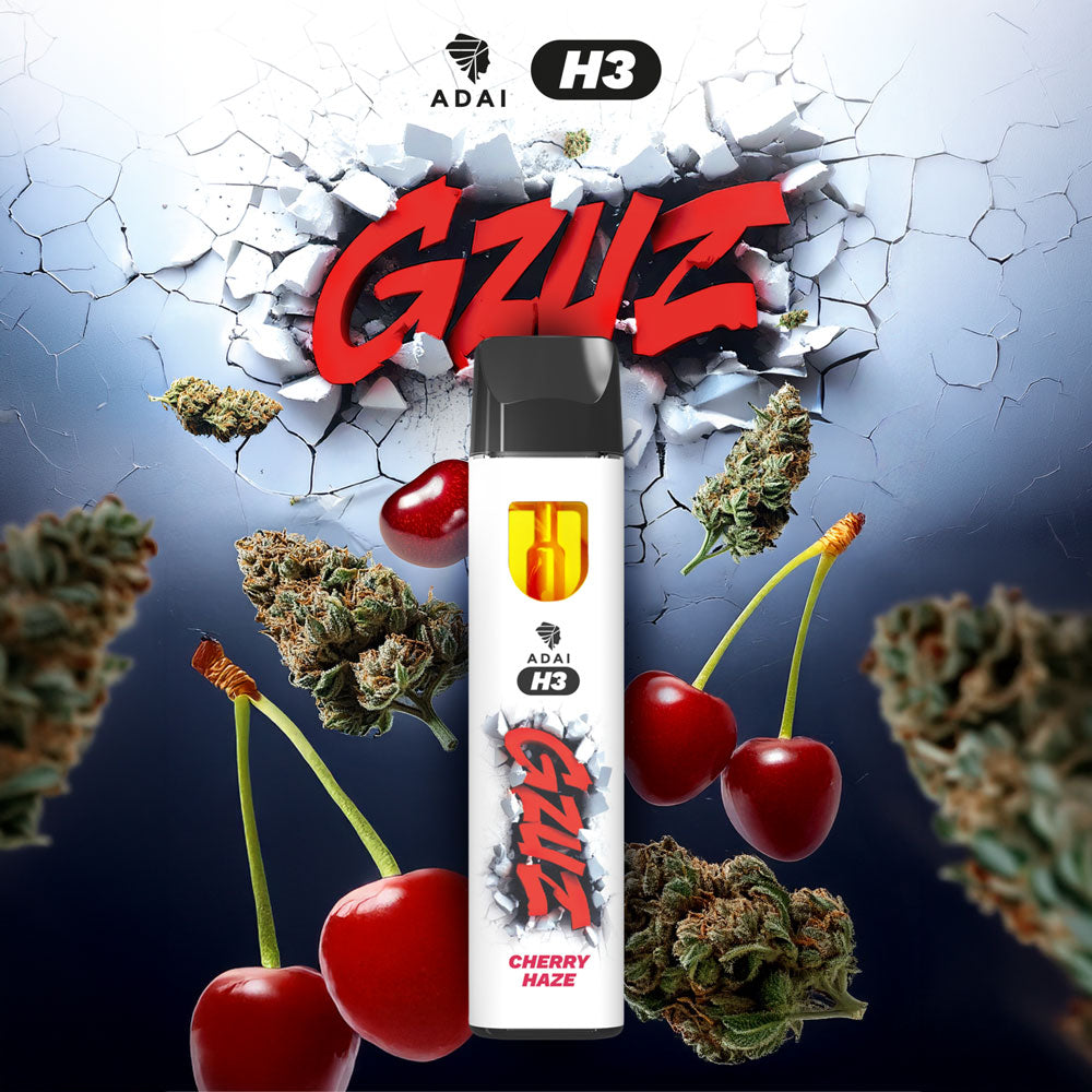 GZUZ H3 Vape Cherry Haze, weißer Vape Pen vor rotem GZUZ Logo, Kirschen und Blüten