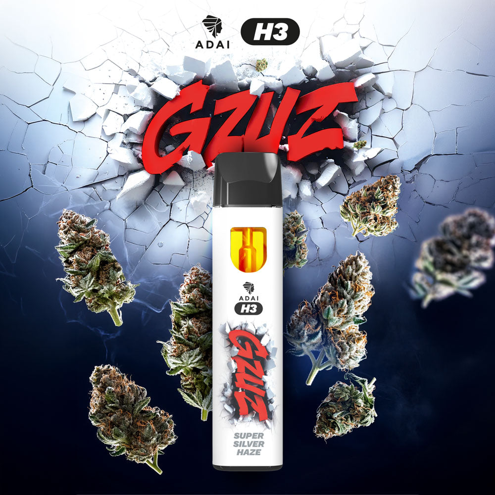 GZUZ H3 Vape Super Silver Haze, weißer Vape Pen vor rotem GZUZ Logo, umgeben von Blüten