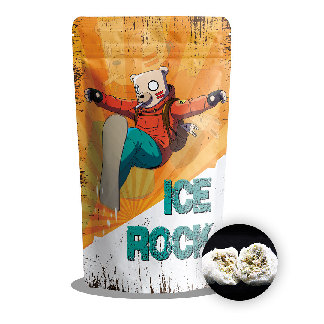 Canatrava CBD Ice Rock Verpackung in Orange und Weiß mit Snowboard Motiv und Produktvorschau auf hellem Hintergrund