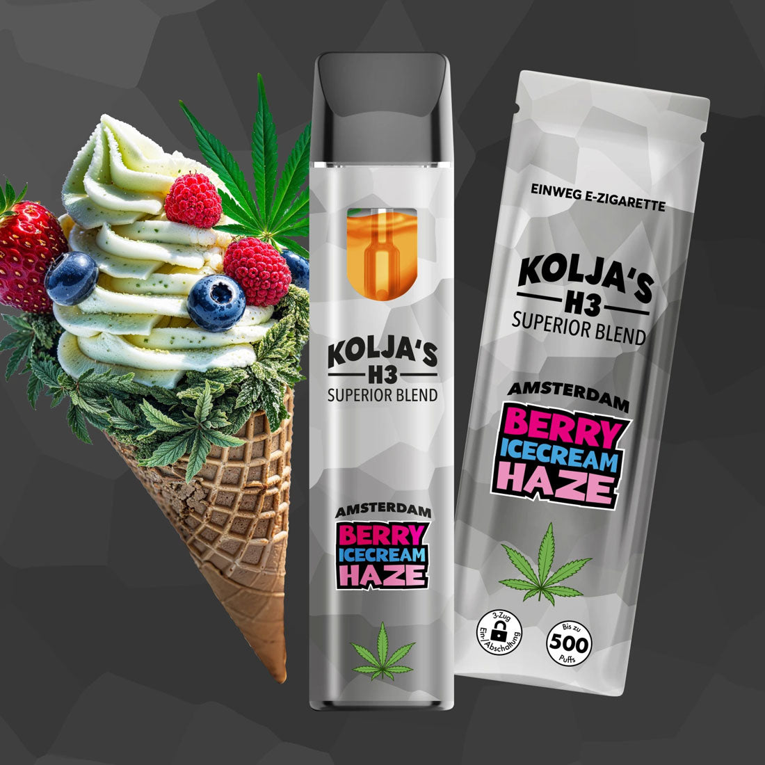 Kolja’s H3 Superior Blend Vape Amsterdam Berry Icecream Haze, Einweg Vape mit Verpackung, Eiscreme Waffel mit Beeren und Cannabisblatt vor grauem Hintergrund