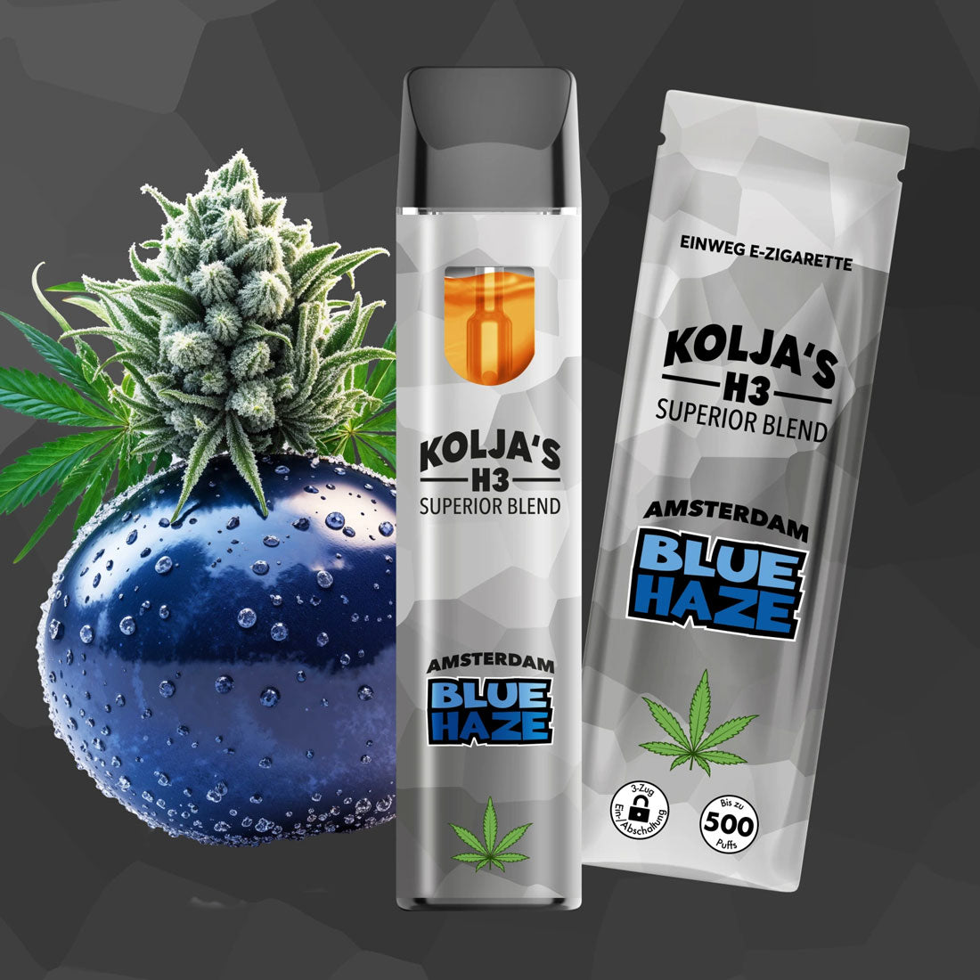 Kolja’s H3 Superior Blend Vape Amsterdam Blue Haze, Einweg Vape mit Verpackung, Blaubeere mit Wassertropfen und Cannabisblüte vor grauem Hintergrund