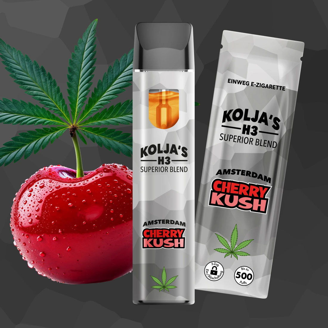 Kolja’s H3 Superior Blend Vape Amsterdam Cherry Kush, Einweg Vape mit Verpackung, rote Kirsche mit Tropfen und Cannabisblatt vor grauem Hintergrund