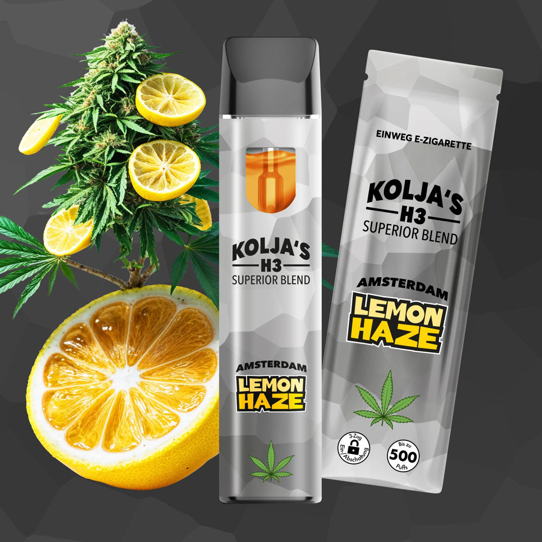Kolja’s H3 Superior Blend Vape Amsterdam Lemon Haze, Einweg Vape mit Verpackung, Zitronenscheiben und Cannabisblüte vor grauem Hintergrund