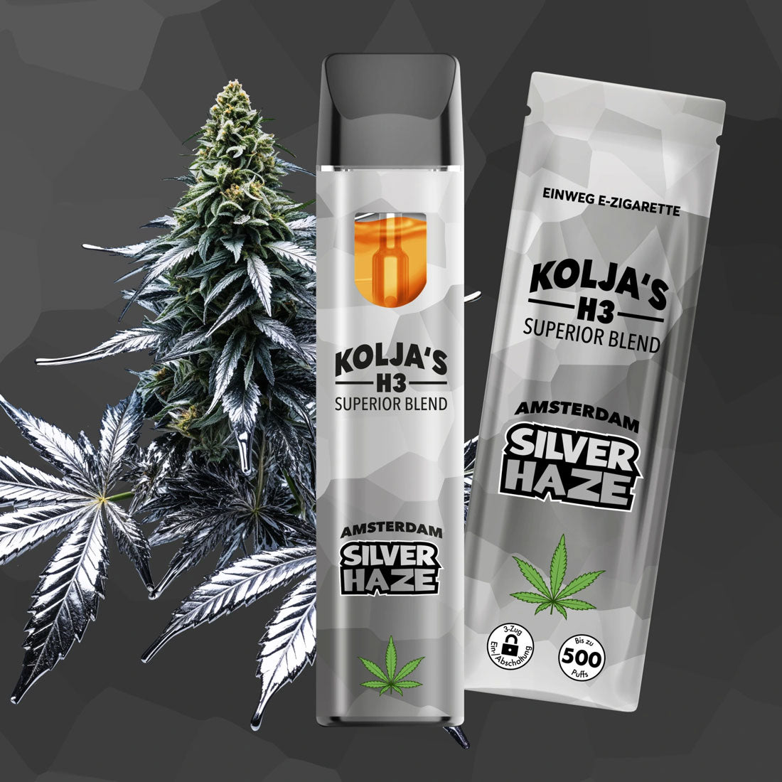 Kolja’s H3 Superior Blend Vape Amsterdam Silver Haze, Einweg Vape mit Verpackung vor grauem Hintergrund, Cannabisblüte und silbrig wirkendes Hanfblatt