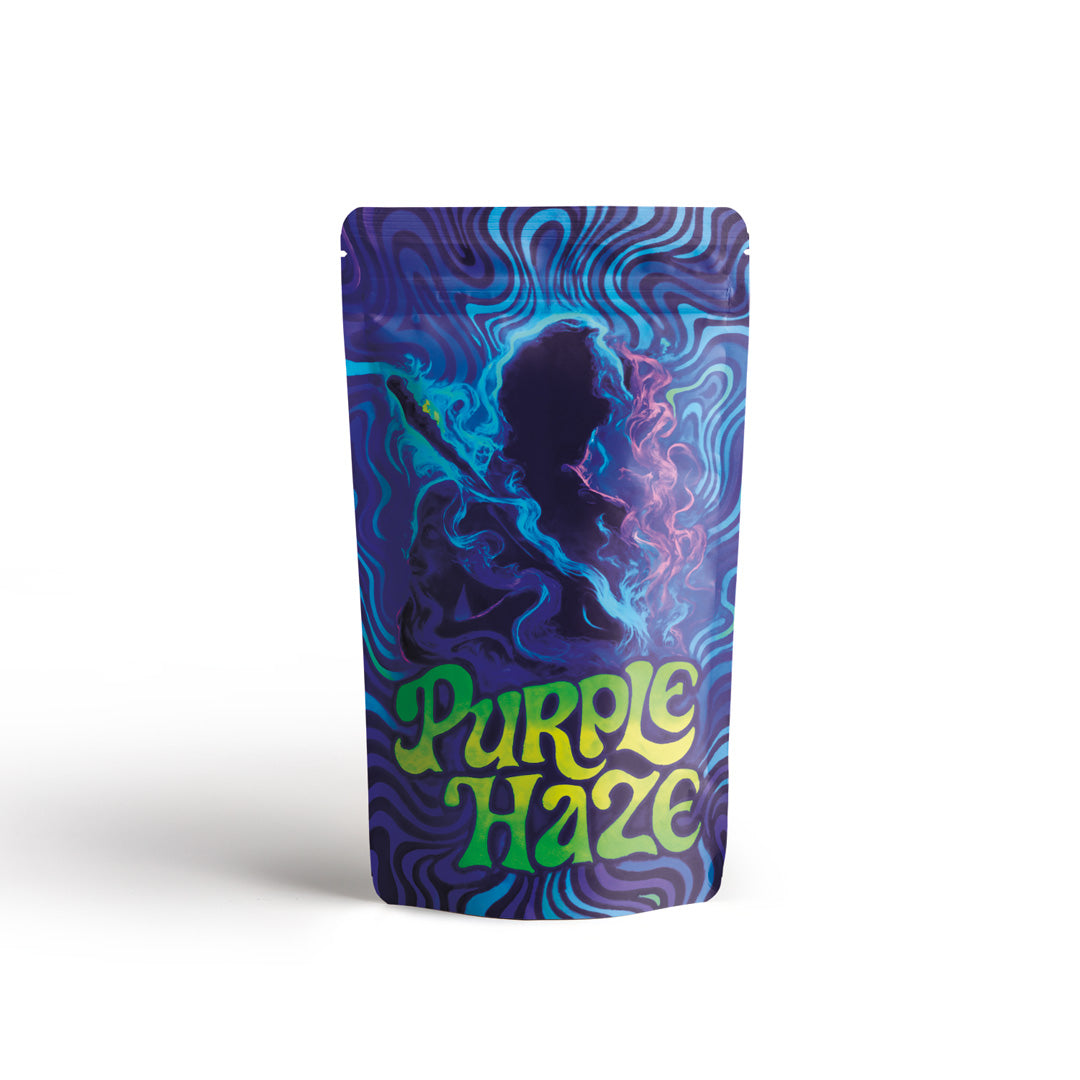 Standbeutel Purple Haze mit blau violettem Grafikmotiv auf hellem Hintergrund