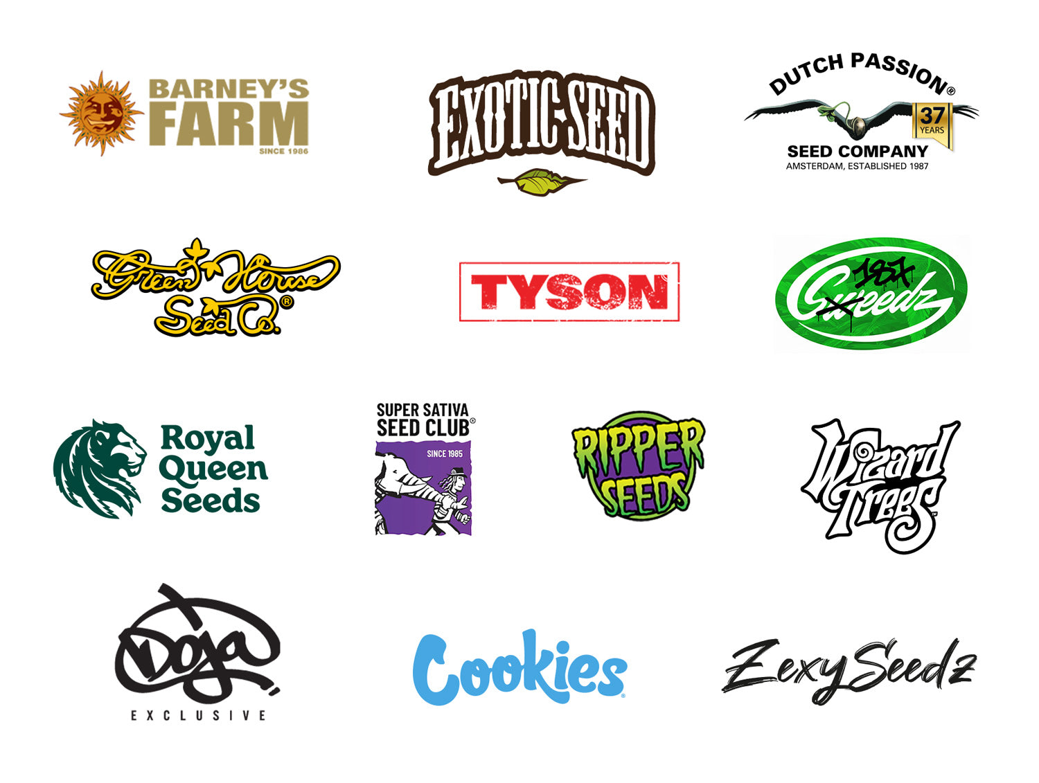 Hero-Banner mit 13 Logos führender Saatgut-Marken: Barney’s Farm, Exotic Seed, Dutch Passion Seed Company, Green House Seed Co., Royal Queen Seeds, Super Sativa Seed Club, Ripper Seeds, Wizard Trees, Doja Exclusive, Cookies, Zexy Seedz, Tyson 2.0 und 187 Sweedz